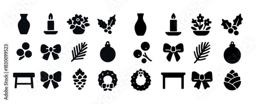 Silhouette icons of christmas decorations: vase, candle, berries, bow, wreath