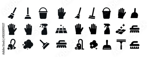 Black cleaning icon set: broom, mop, bucket, gloves, spray, vacuum, squeegee, bubbles