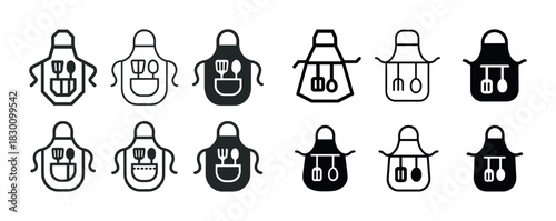 Collection of kitchen aprons with cooking utensil icons