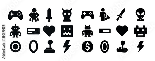 Collection of gaming icons featuring controllers robots aliens and symbols