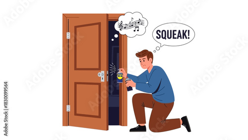 Man using spray lubricant on a squeaky door hinge to stop noise and get smooth operation
