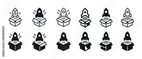 Rocket icons: linear and solid style set emerging from boxes