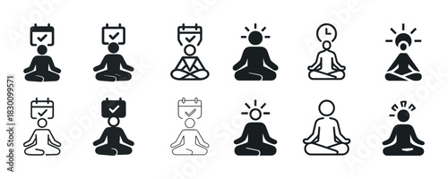Meditation and mindfulness icon set featuring calm and relaxation symbols