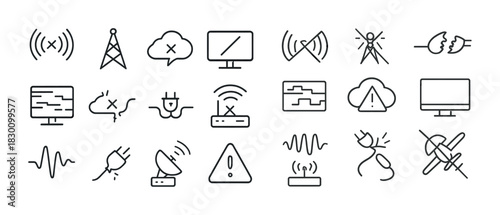 Network and connectivity icon set: signal, wi-fi, error, antenna, cloud