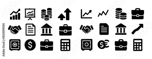 Business and finance icons: graphs, calculators, briefcases, coins, documents, banks