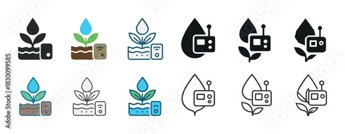 Smart plant monitoring icons: water, growth, technology, soil, leaf