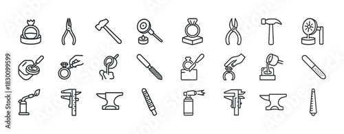 Jewelry making tools icon set with ring, hammer, magnifying glass, pliers, anvil, calipers