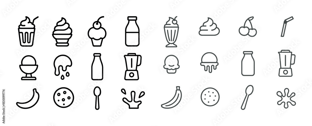 Naklejka premium Ice cream and beverage icons: milkshake, sundae, banana, blender, spoon