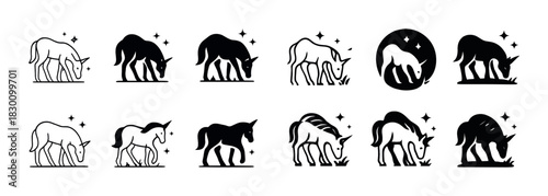Monochrome horse silhouettes grazing in various poses