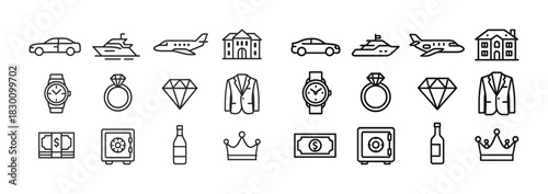 Luxury icons collection: cars, yachts, planes, and more in black and white