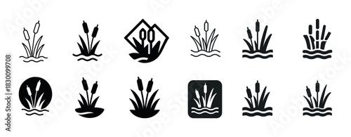 Set of vector cattail icons in various styles and shapes