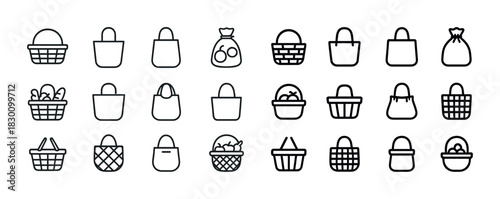 Set of various basket and bag icons in minimalistic outline style