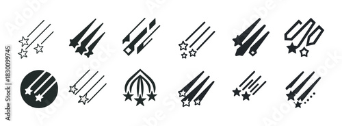 Set of various shooting star icons in black on white background
