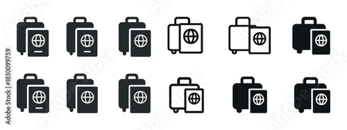 Passport and luggage icons in various styles and colors for travel and tourism design