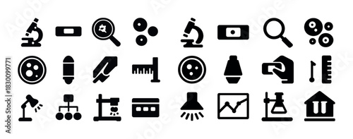 Black science icons set: microscope, magnifying glass, laboratory equipment
