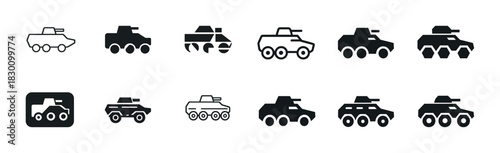 Set of military tank icons in various designs and styles