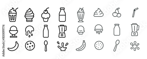 Ice cream and beverage icons: milkshake, sundae, banana, blender, spoon