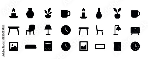 Minimalist home decor icons: candle vase plant mug chair clock lamp