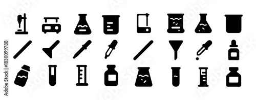 Silhouette icons of chemistry lab equipment with beakers and flasks