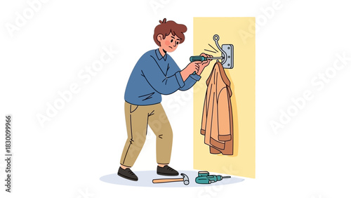 Dedicated Man Skillfully Installs Wall Hooks for Optimal Home Organization and Practical DIY Renovation Project