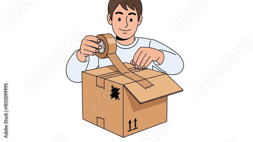 Man sealing cardboard box with tape, packing and moving concept, isolated vector illustration