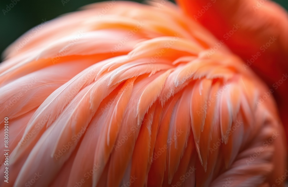 Obraz premium Flamingo plumage shows many soft pink, orange feathers. Bird feathers display beautiful natural texture, vibrant colors. Close up view highlights delicate details. Stunning natural pattern of