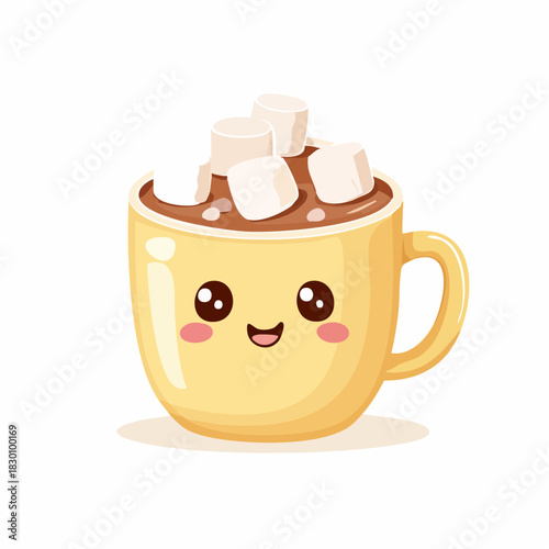 Kawaii mug of hot cocoa with smiling marshmallows on top, pastel yellow and creams, soft rounded vector illustration, white background