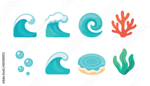 Ocean wave and coral, bubbles and seaweed, flat vector illustration