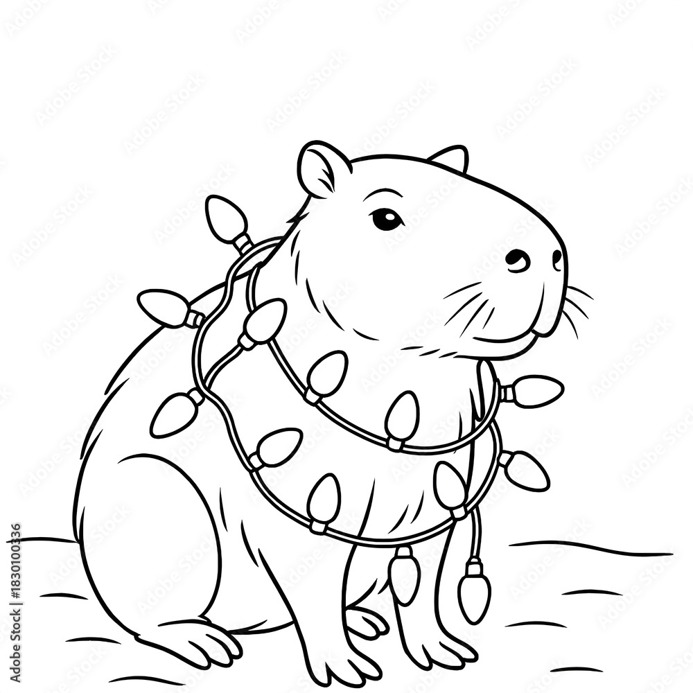 Fototapeta premium Capybara Tangled in Christmas Lights – Coloring Page