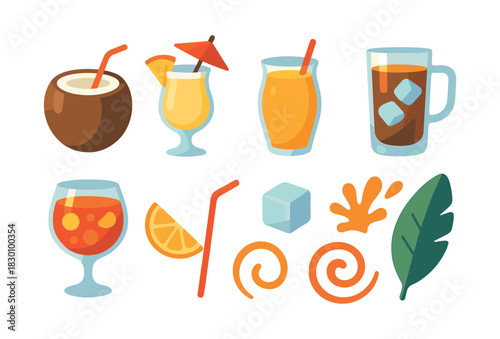 Tropical drinks collection, cocktails and fruit, flat vector illustration