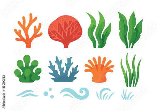 Seaweed and coral collection, ocean plants, sea flora, flat vector illustration