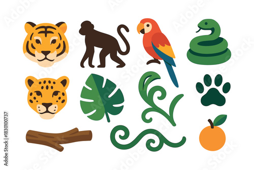 Jungle animals and plants, flat vector illustration with tropical wildlife and foliage