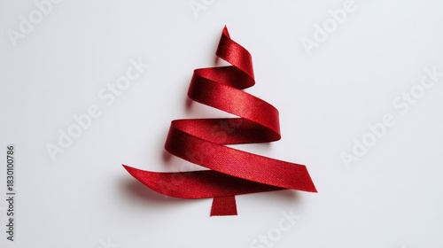 Creative red ribbon forming a christmas tree shape on clean white surface for modern festive seasonal visuals