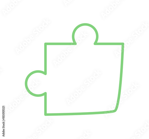 Flat outline of green jigsaw puzzle piece in silhouette style. Clean and simple graphic concept of boardgame play and leisure. Great for table game themes toy designs.