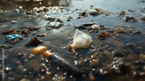 Polluted water with debris closeup.