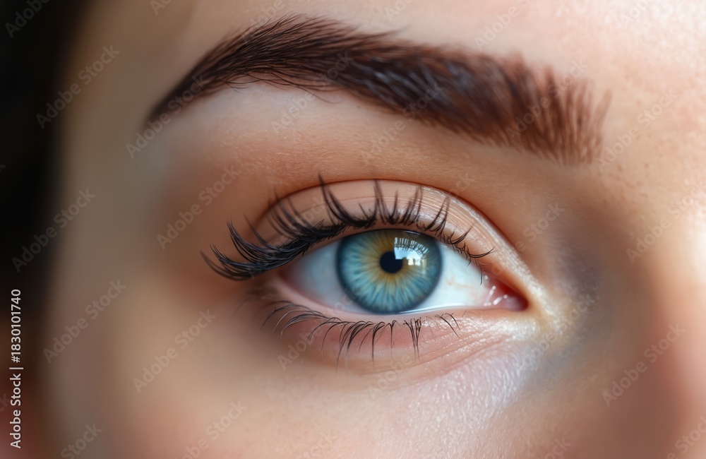 Obraz premium Detailed close up of beautiful young female eye with vibrant blue-green iris. Long dark eyelashes, perfectly shaped groomed eyebrow visible. Healthy smooth skin around eye area. Illustrates modern