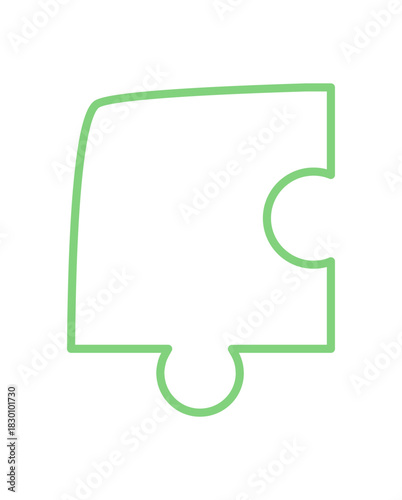 Flat silhouette outline of a puzzle piece. Green jigsaw element for boardgame on table, isolated on white background. Fun toy concept for children or hobby enthusiasts, playful activity that fosters