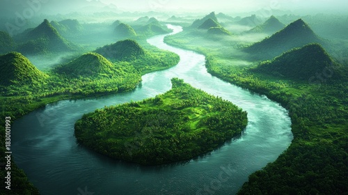 Aerial view winding river, heart-shaped island, lush green misty jungle peaks