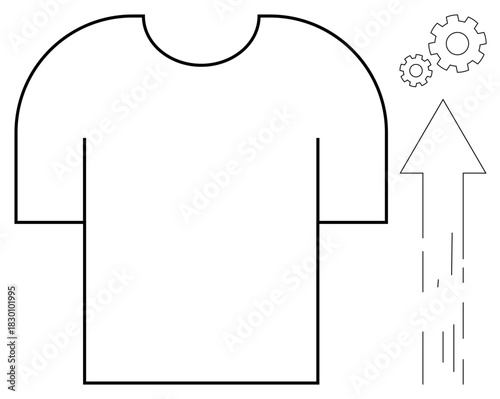 T-shirt outline alongside upward arrow and gear icons, symbolizing progress, creativity, or enhancement in fashion design, manufacturing, and innovation. Ideal for branding, marketing