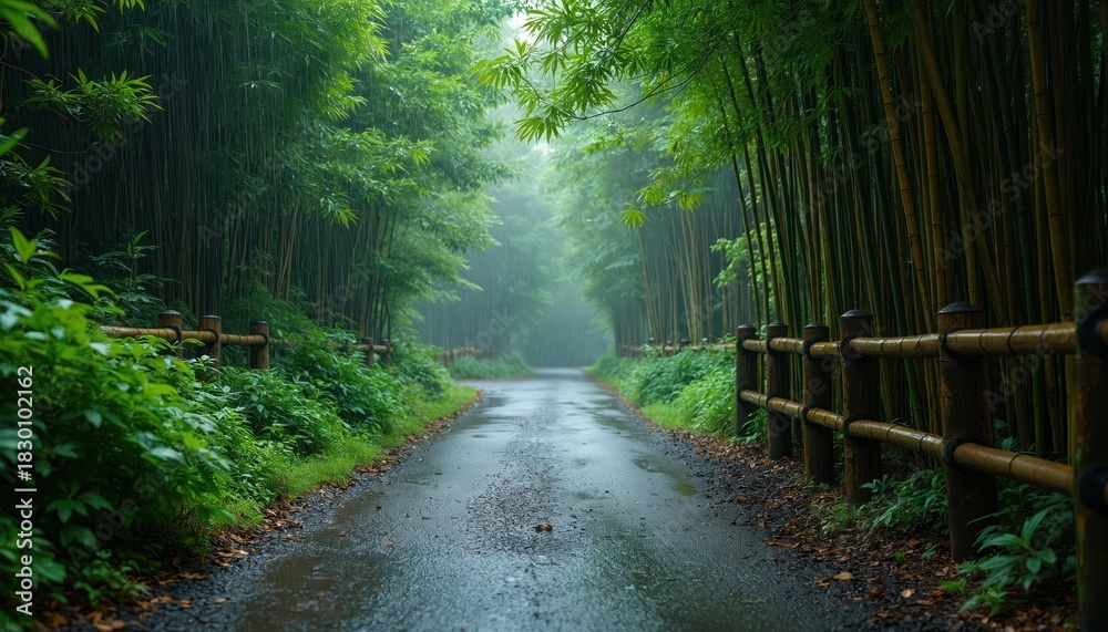 Obraz premium Rain falls on pathway in bamboo forest. Path leads through thick grove. Wooden fence runs along road. Lush plants thrives. Wet weather in jungle creates tranquil atmosphere. Natural landscape is seen.