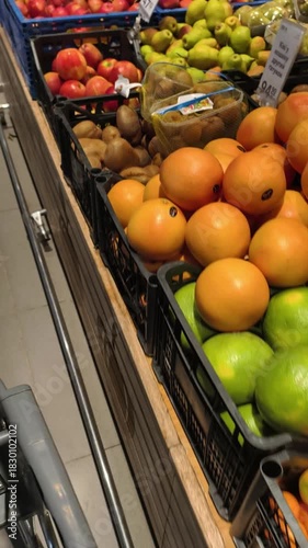 Point of view from a shopping cart as it moves past a grocery store fruit aisle. Black crates with tangerines, oranges, green limes, kiwis, and pears. Fresh produce for a healthy lifestyle.
