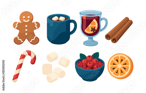 Christmas treats and drinks, flat vector illustration with gingerbread, candy, and spices