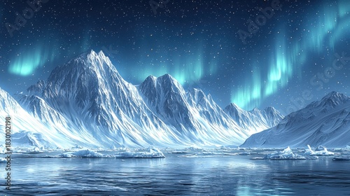 Aurora borealis illuminates vast frozen mountains and a tranquil icy water body