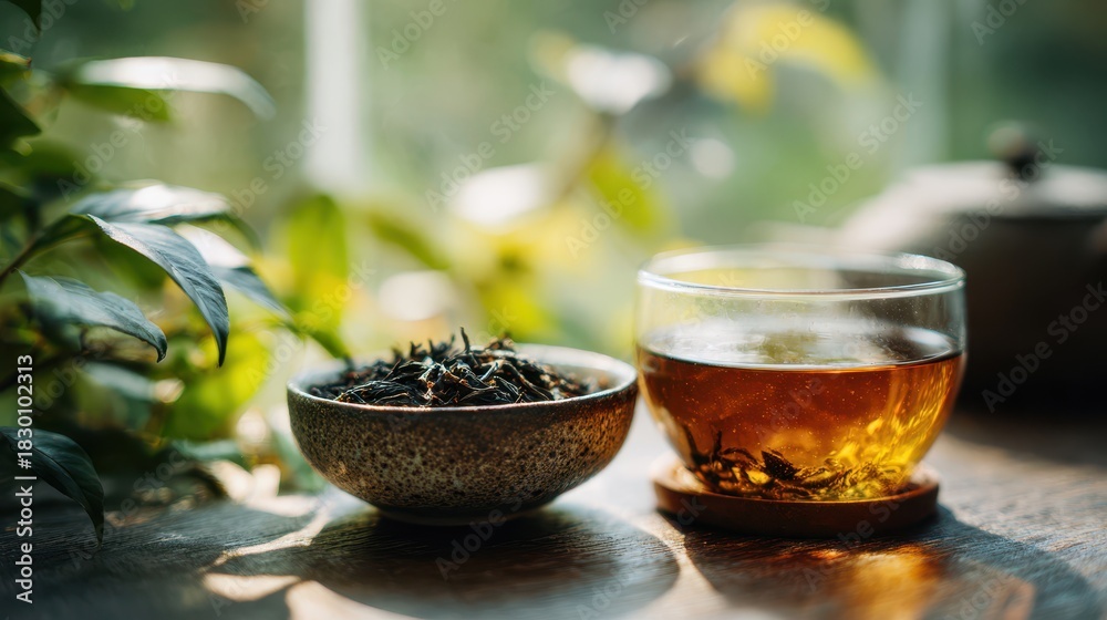 Fototapeta premium Aromatic green tea in glass cup with dried tea leaves in ceramic bowl on wooden table by window
