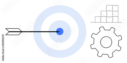 Target achievement concept. Arrow striking bullseye s goal setting and success. Gear and puzzle illustrate teamwork, process efficiency, and problem-solving. Great for business strategy, leadership