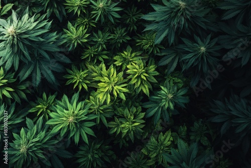 Cannabis marijuana plant background featuring lush green leaves, varying shades of foliage, creating a vibrant and natural atmosphere with rich textures and organic beauty