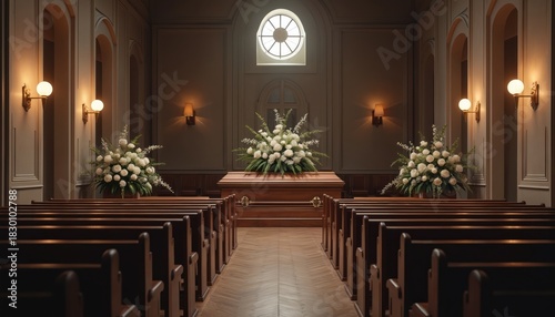 Empty chapel features flower arrangements on brown wooden casket. Pews line the aisle in the church. This indoor setting conveys grief and solemnity for those who passed away. Light shines inside