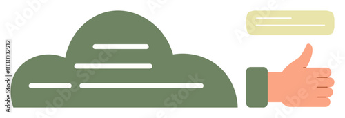 Green cloud with data lines, thumbs-up as approval, floating message bubble. Ideal for technology, data sharing, teamwork, communication, storage success efficiency. Bright simple flat metaphor