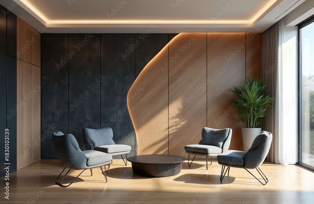 Fototapeta premium Modern office lobby with sleek gray chairs, black round table. Wall paneling features illuminated curve accent. Large window with natural light, potted plant. Empty contemporary interior design space.