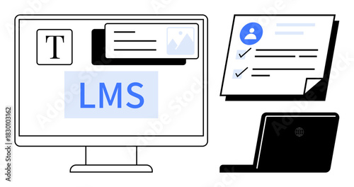 Computer screen featuring LMS platform tools, checklist forms, and a laptop. Ideal for education, e-learning, organization, productivity, technology remote work teamwork. Simple flat metaphor